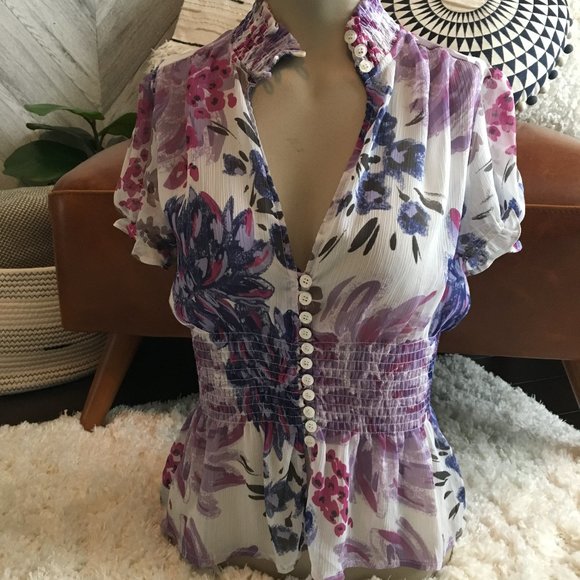 RAMPAGE SHEER FLORAL SHORT SLEEVE BLOUSE - Picture 3 of 7